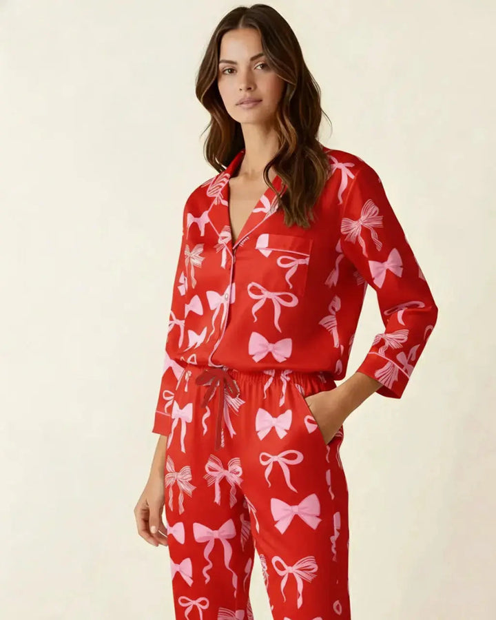 SOLACE CHICButtery Soft Bow Print Pajama Set