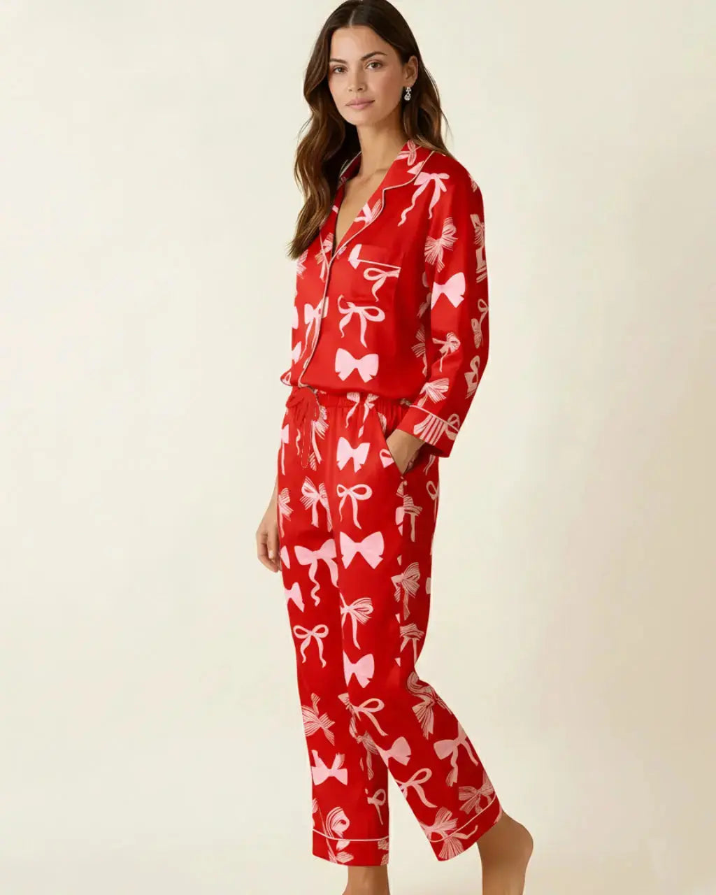 SOLACE CHICButtery Soft Bow Print Pajama Set