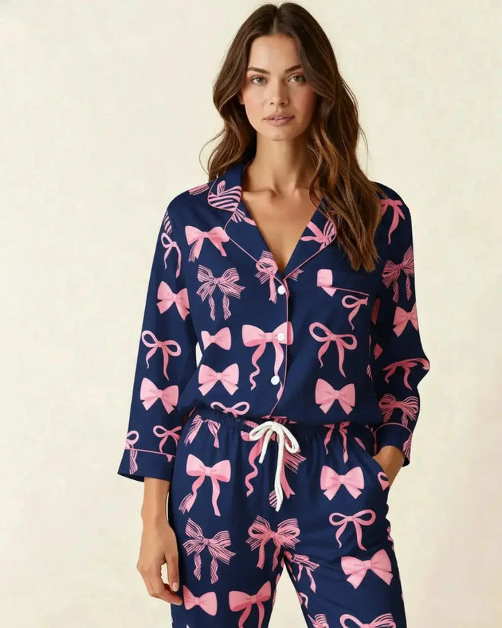 SOLACE CHICButtery Soft Bow Print Pajama Set