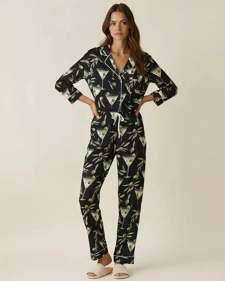 SOLACE CHICBlack Martini Print Pajama Set