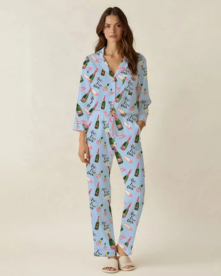 SOLACE CHICChampagne High Heels Pattern Pajama Set