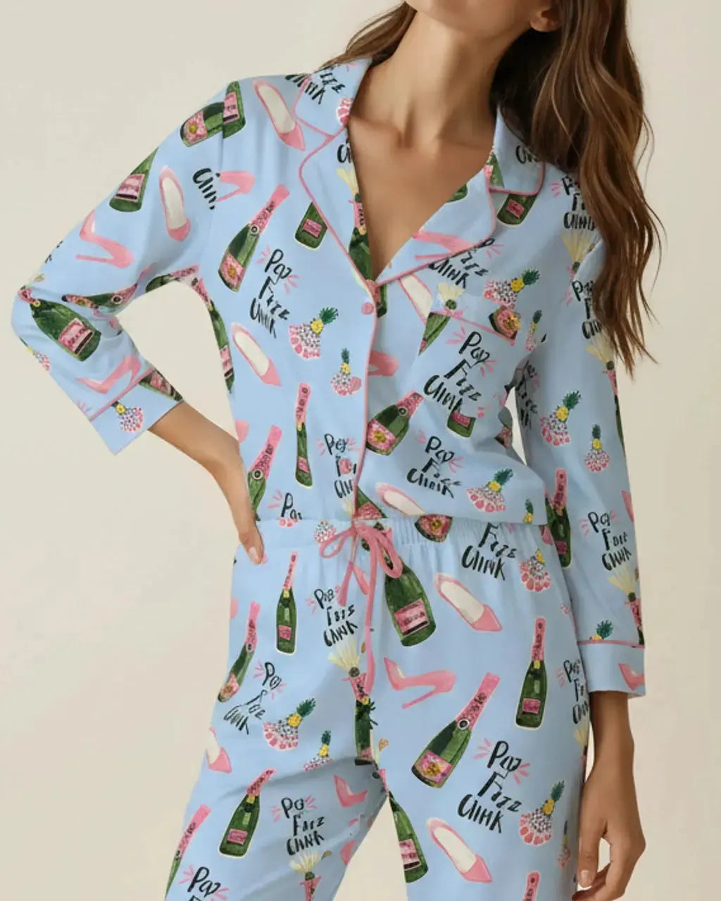 SOLACE CHICChampagne High Heels Pattern Pajama Set