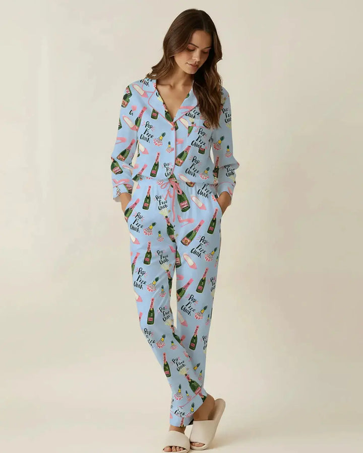 SOLACE CHICChampagne High Heels Pattern Pajama Set
