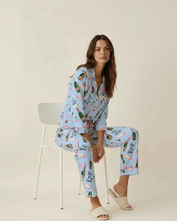 SOLACE CHICChampagne High Heels Pattern Pajama Set
