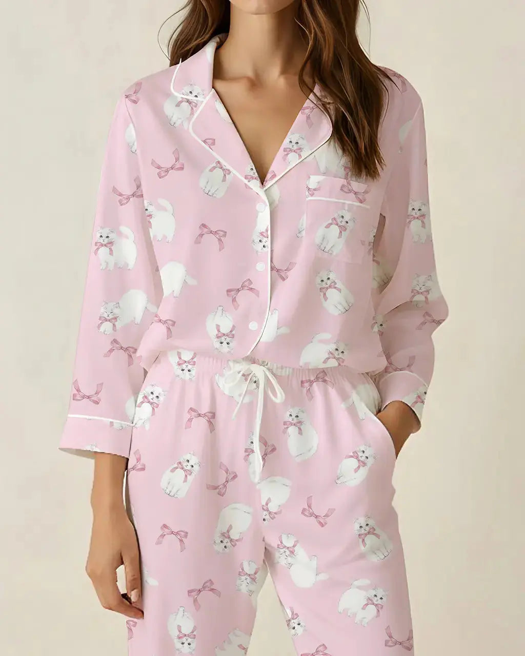 SOLACE CHICBow-Tie Cat Print Pajama Set