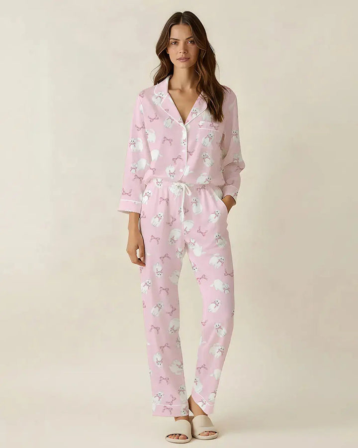 SOLACE CHICBow-Tie Cat Print Pajama Set