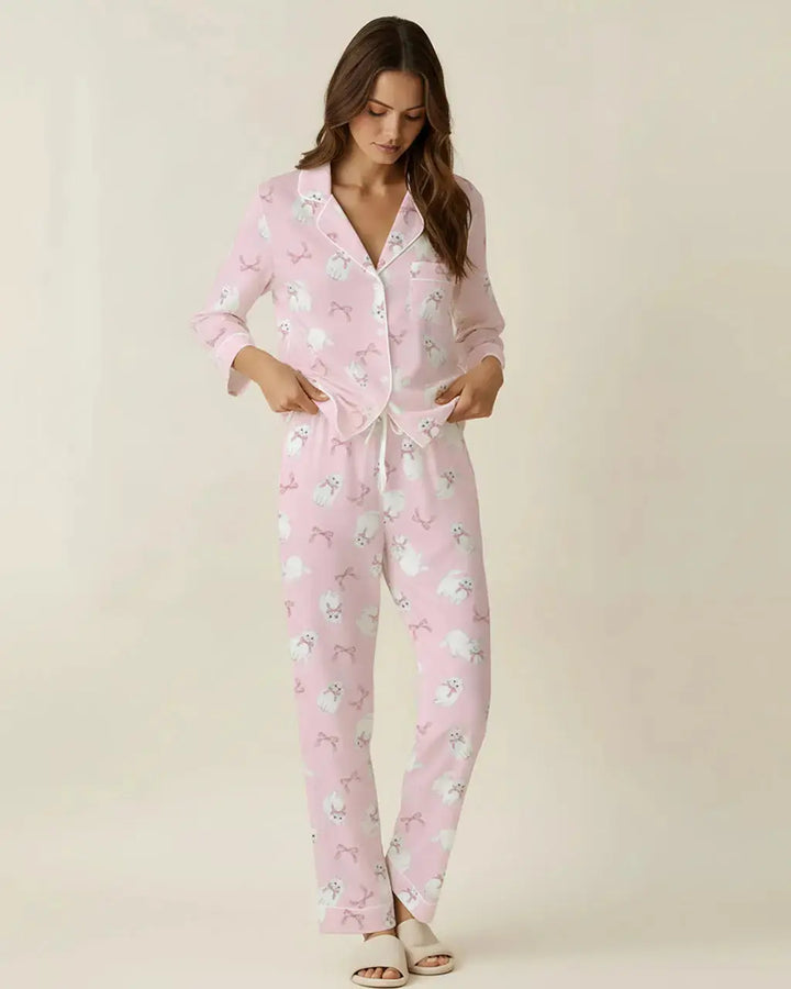 SOLACE CHICBow-Tie Cat Print Pajama Set