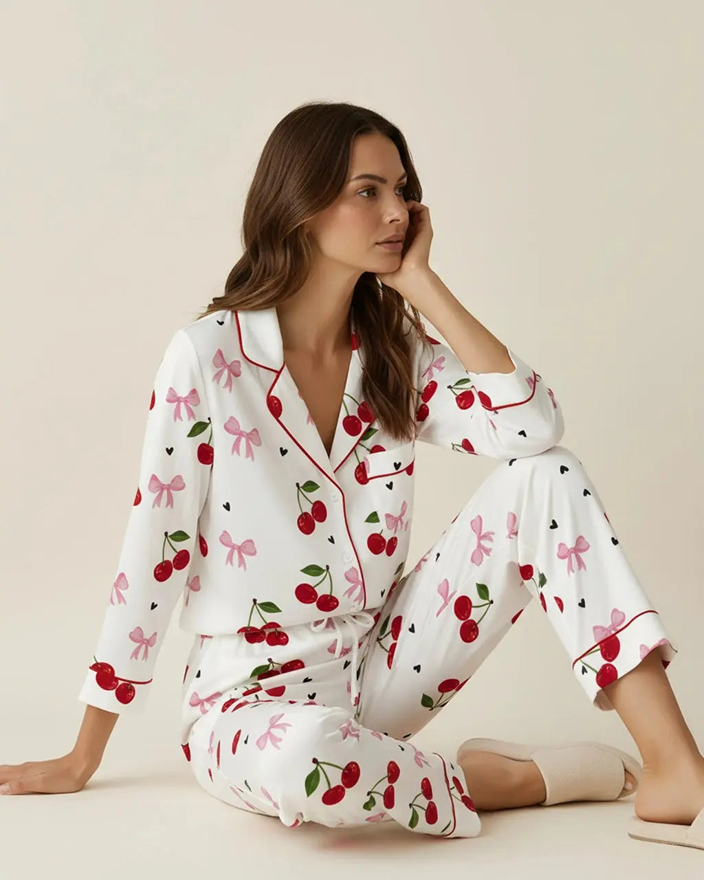 SOLACE CHICCozy Cherry Pattern Pajama Set