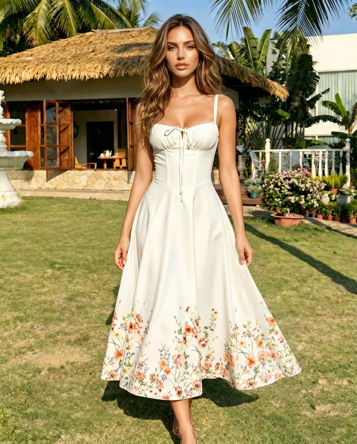 SOLACE  White Floral Print Hem Corset Spaghetti Strap Midi Dress 