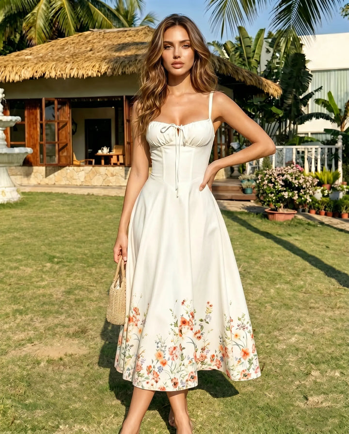 SOLACE  White Floral Print Hem Corset Spaghetti Strap Midi Dress 