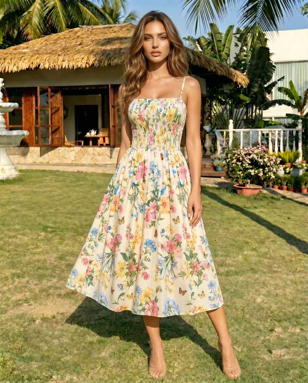 SOLACE  Cream Floral Butterfly Print Smocked Waist Midi Dress 