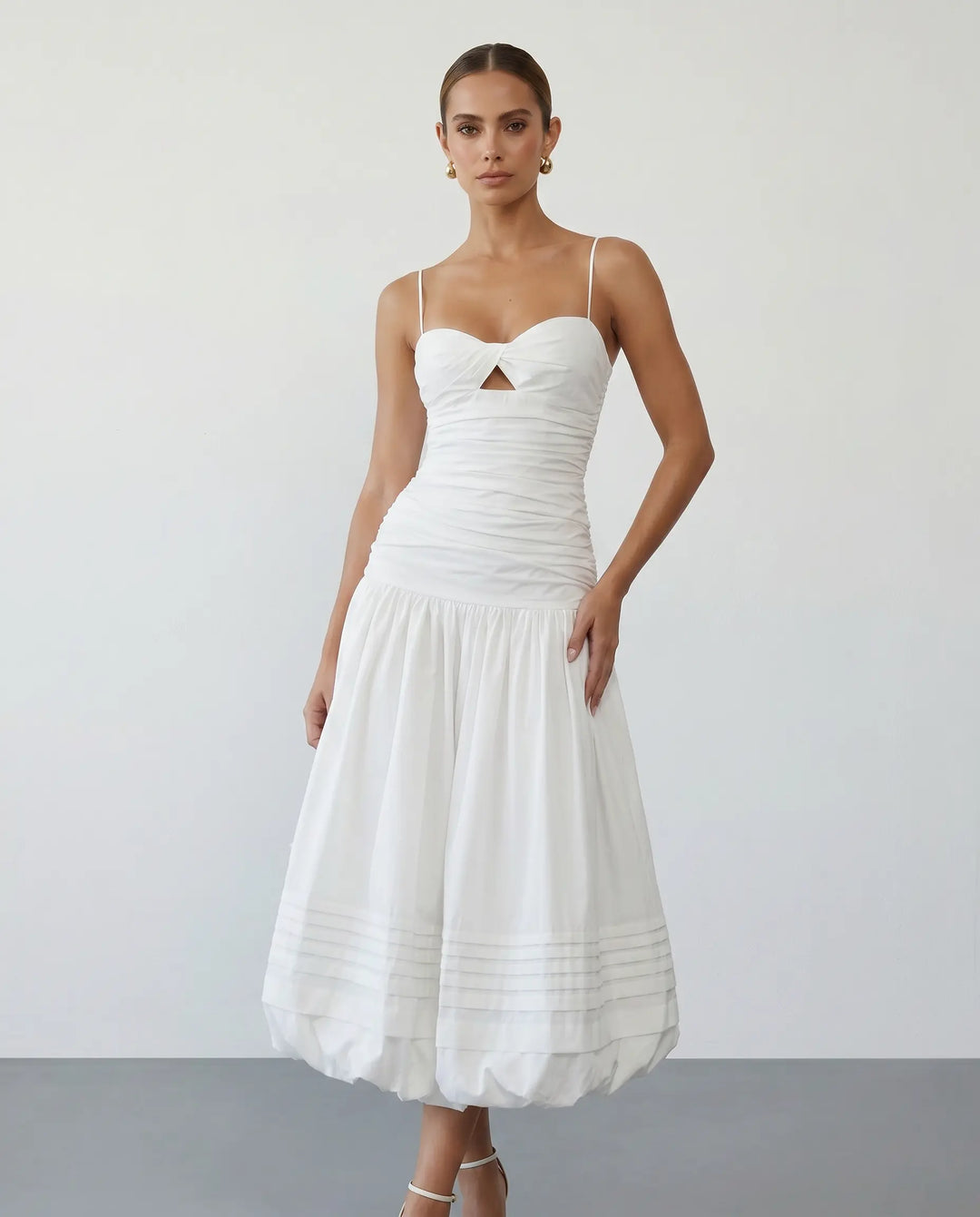 SOLACE  White Sleeveless Ruched Bustier Bubble Hem Midi Dress 