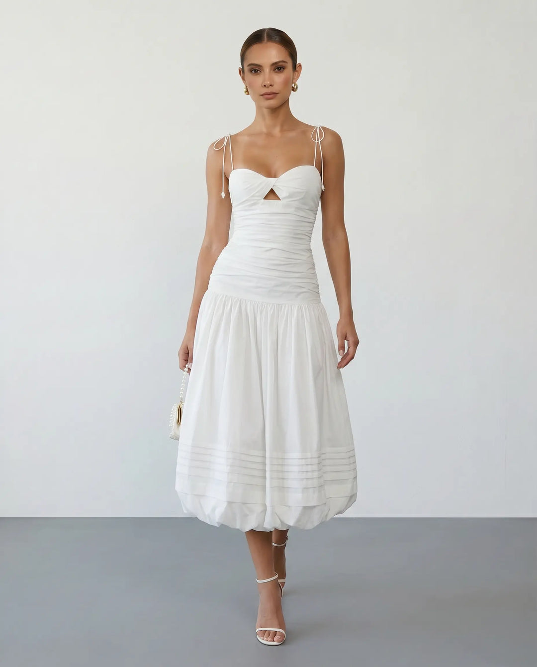 SOLACE  White Sleeveless Ruched Bustier Bubble Hem Midi Dress 