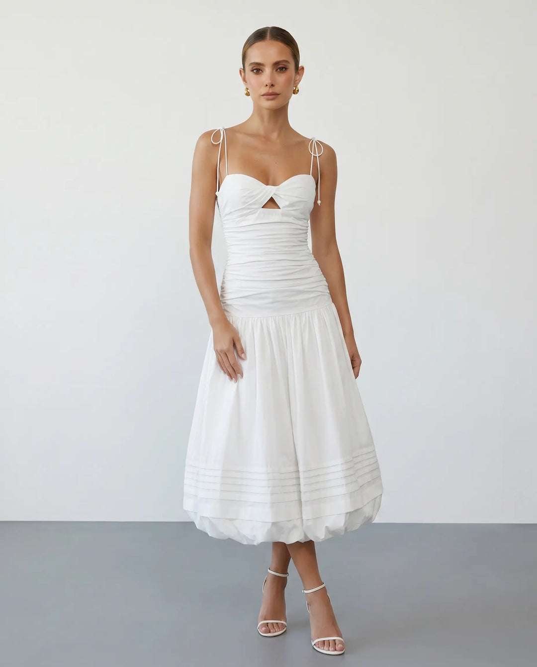 SOLACE  White Sleeveless Ruched Bustier Bubble Hem Midi Dress 