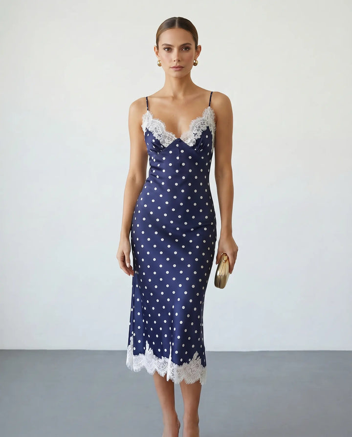 SOLACE  Navy Blue Polka Dot Lace Trim Satin Slip Midi Dress 