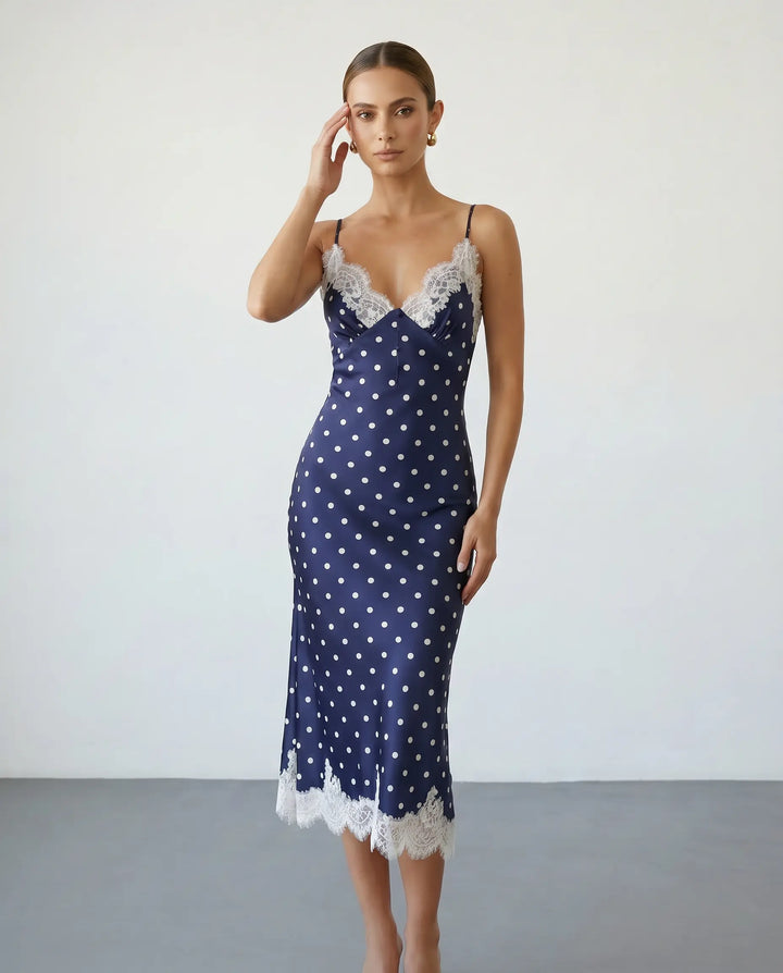 SOLACE  Navy Blue Polka Dot Lace Trim Satin Slip Midi Dress 