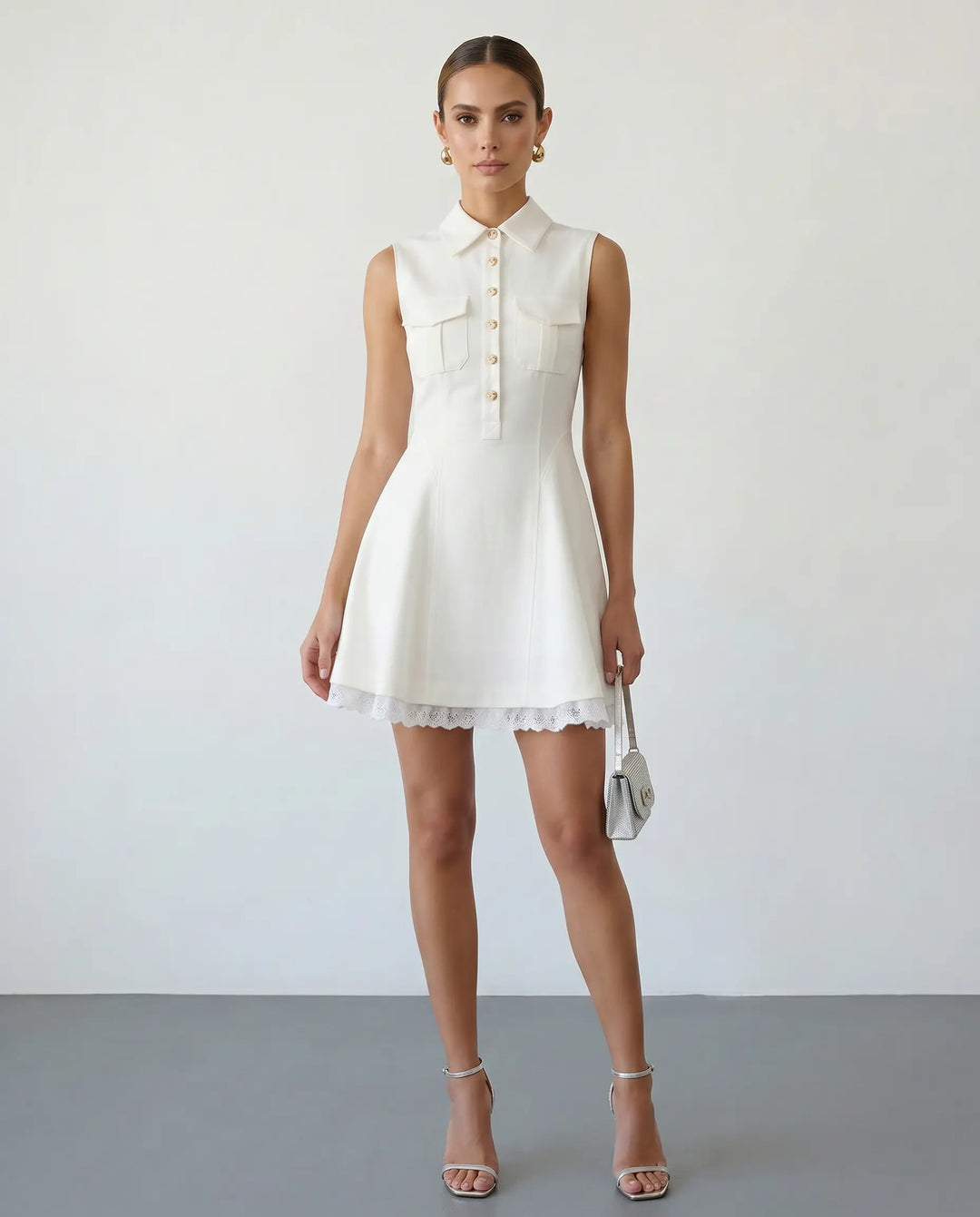 SOLACE  White Collared Gold Button Lace Trim Sleeveless Mini Dress 