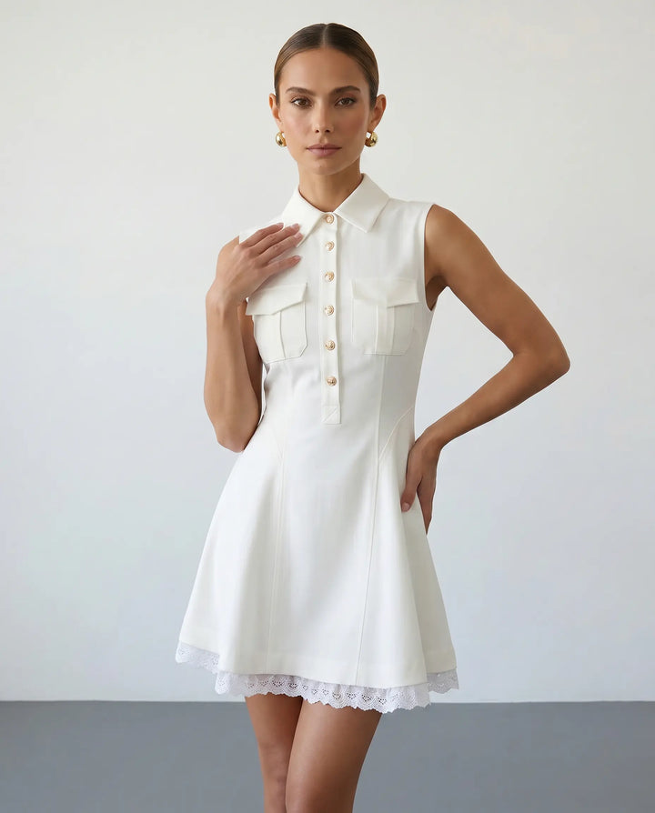 SOLACE  White Collared Gold Button Lace Trim Sleeveless Mini Dress 