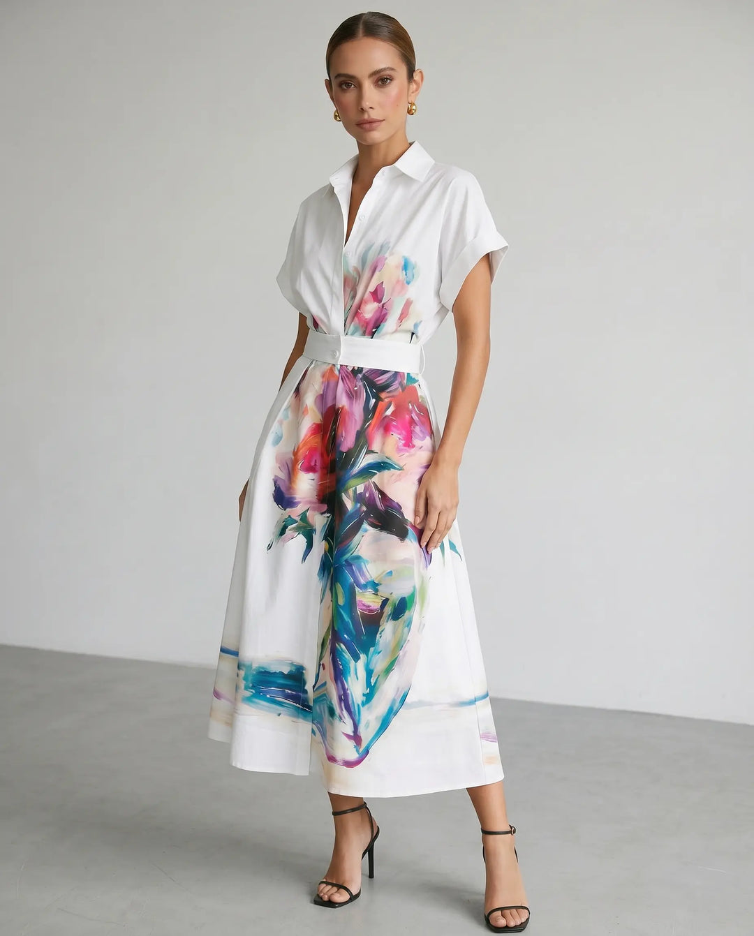 SOLACE  White Floral Print Shirt Style Midi Dress 