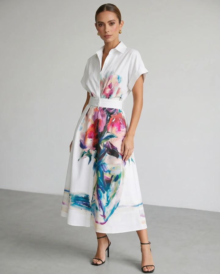 SOLACE  White Floral Print Shirt Style Midi Dress 