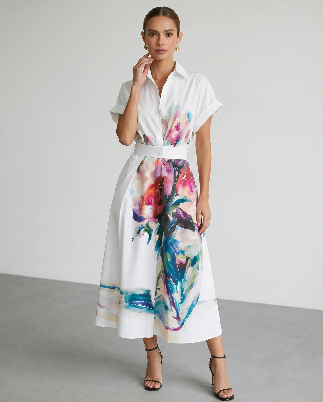 SOLACE  White Floral Print Shirt Style Midi Dress 