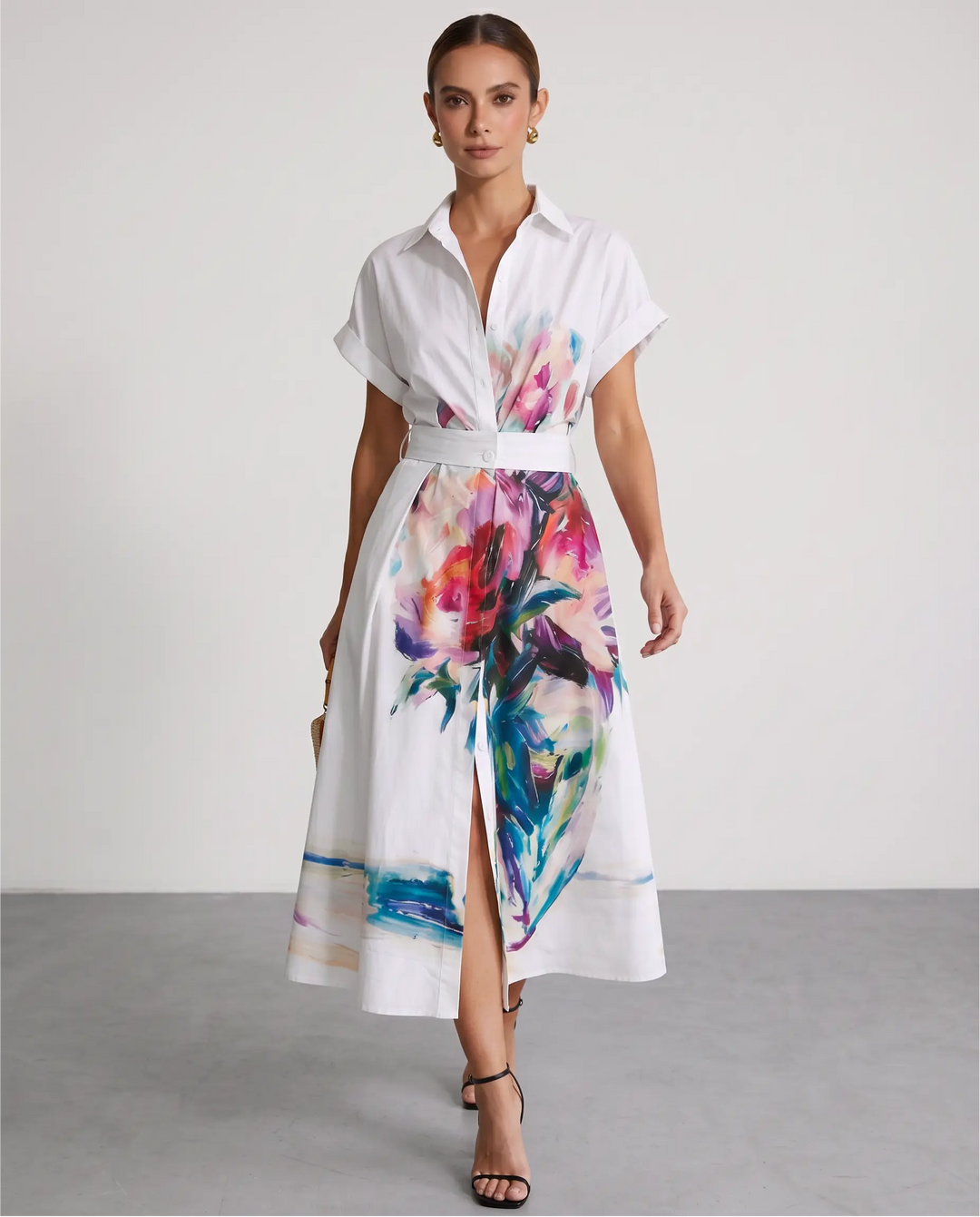 SOLACE  White Floral Print Shirt Style Midi Dress 
