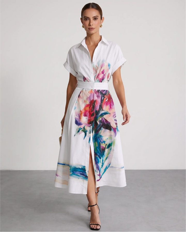 SOLACE  White Floral Print Shirt Style Midi Dress 