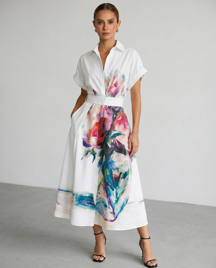 SOLACE  White Floral Print Shirt Style Midi Dress 