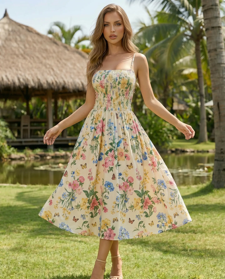 SOLACE  Cream Floral Butterfly Print Smocked Waist Midi Dress 