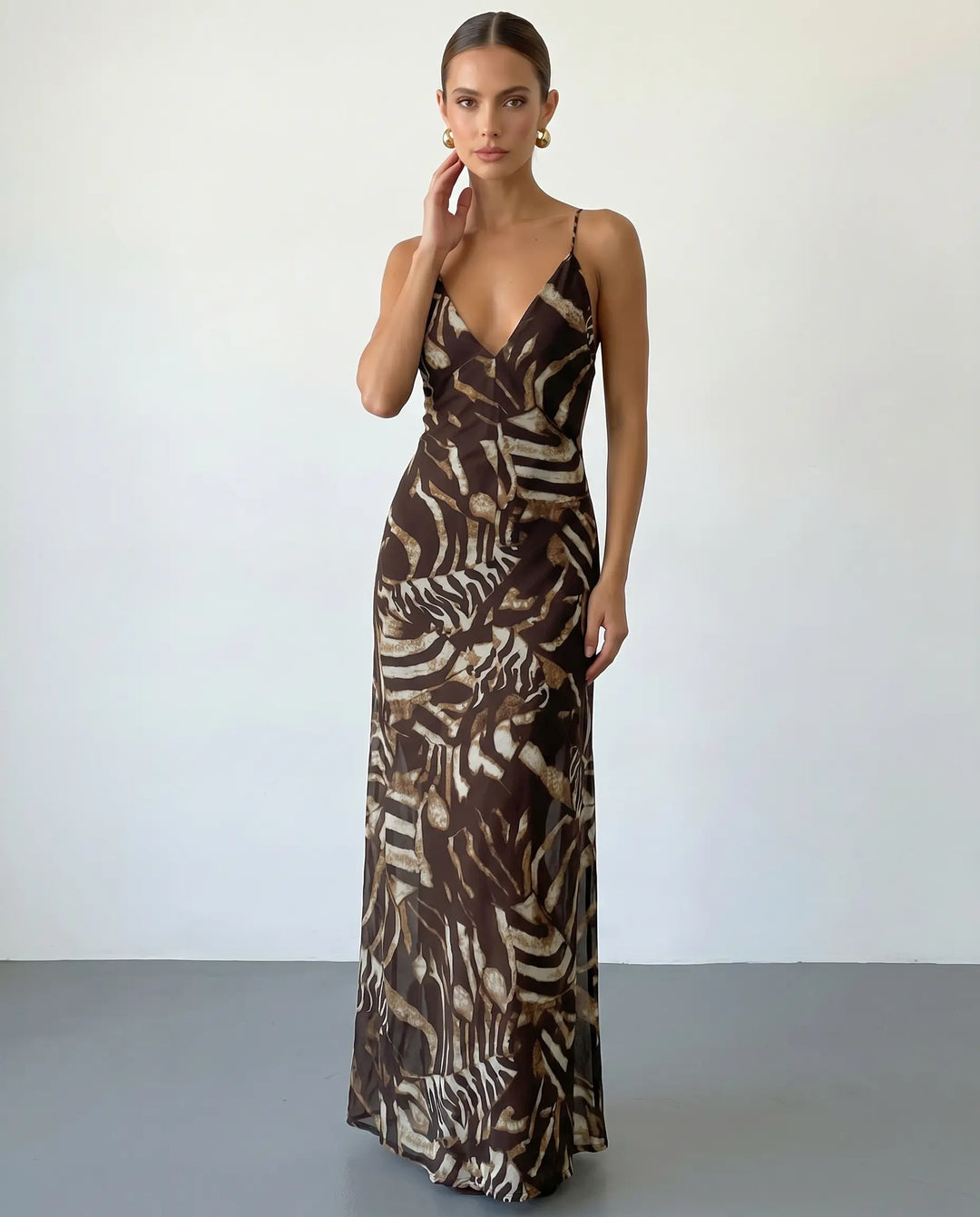 SOLACE  Brown Abstract Print Spaghetti Strap Maxi Dress 