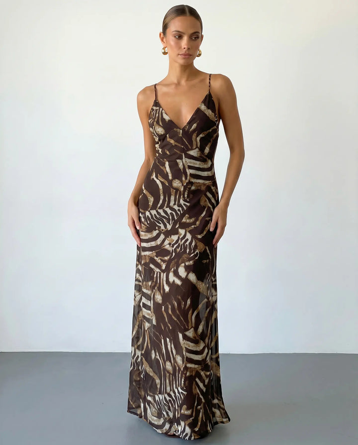 SOLACE  Brown Abstract Print Spaghetti Strap Maxi Dress 