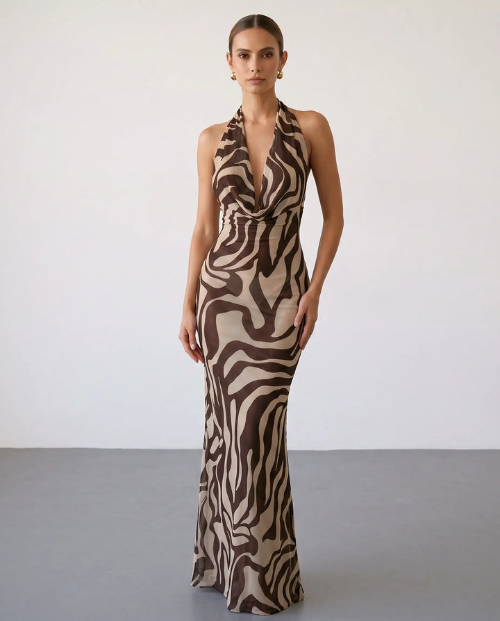 SOLACE  Brown Zebra Print Halter Neck Cowl Neck Maxi Dress 