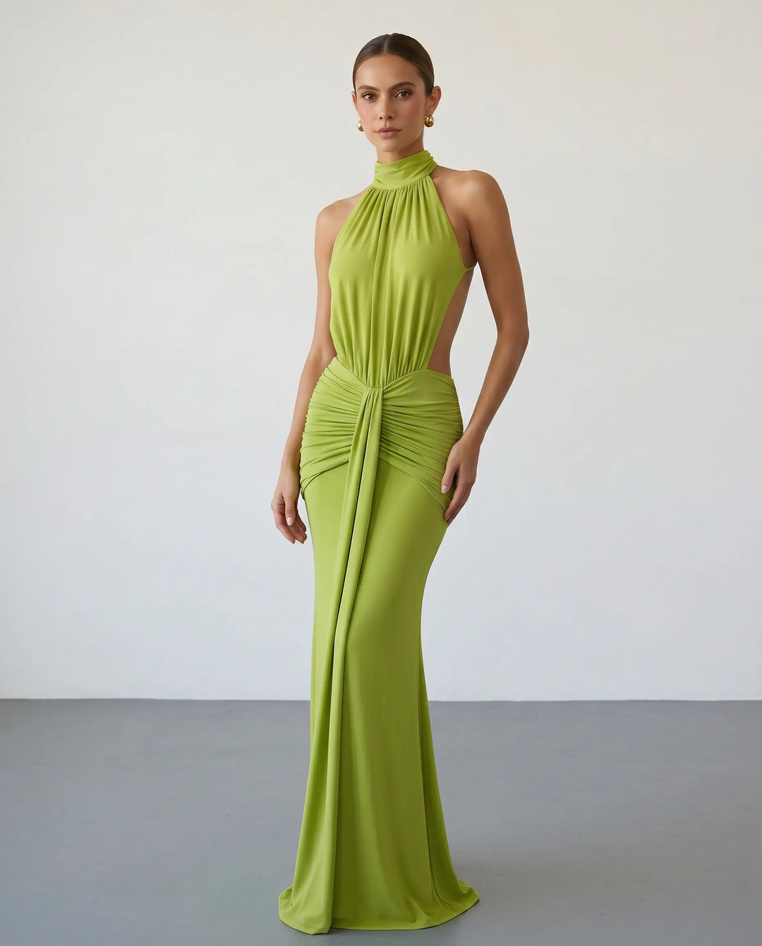SOLACE  Green Halter Neck Ruched Open Back Maxi Dress 