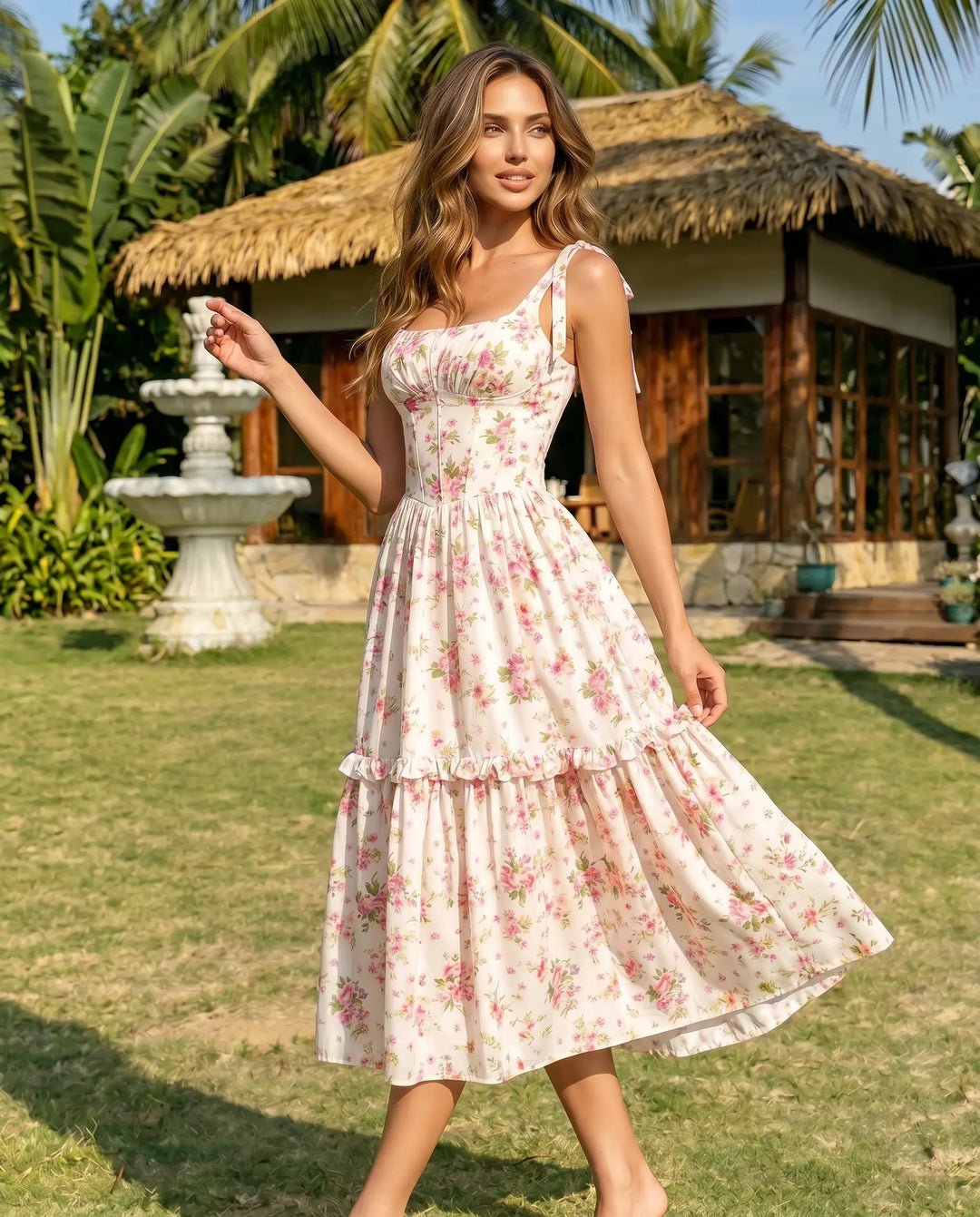 SOLACE  White Floral Print Tie Strap Tiered Midi Dress 