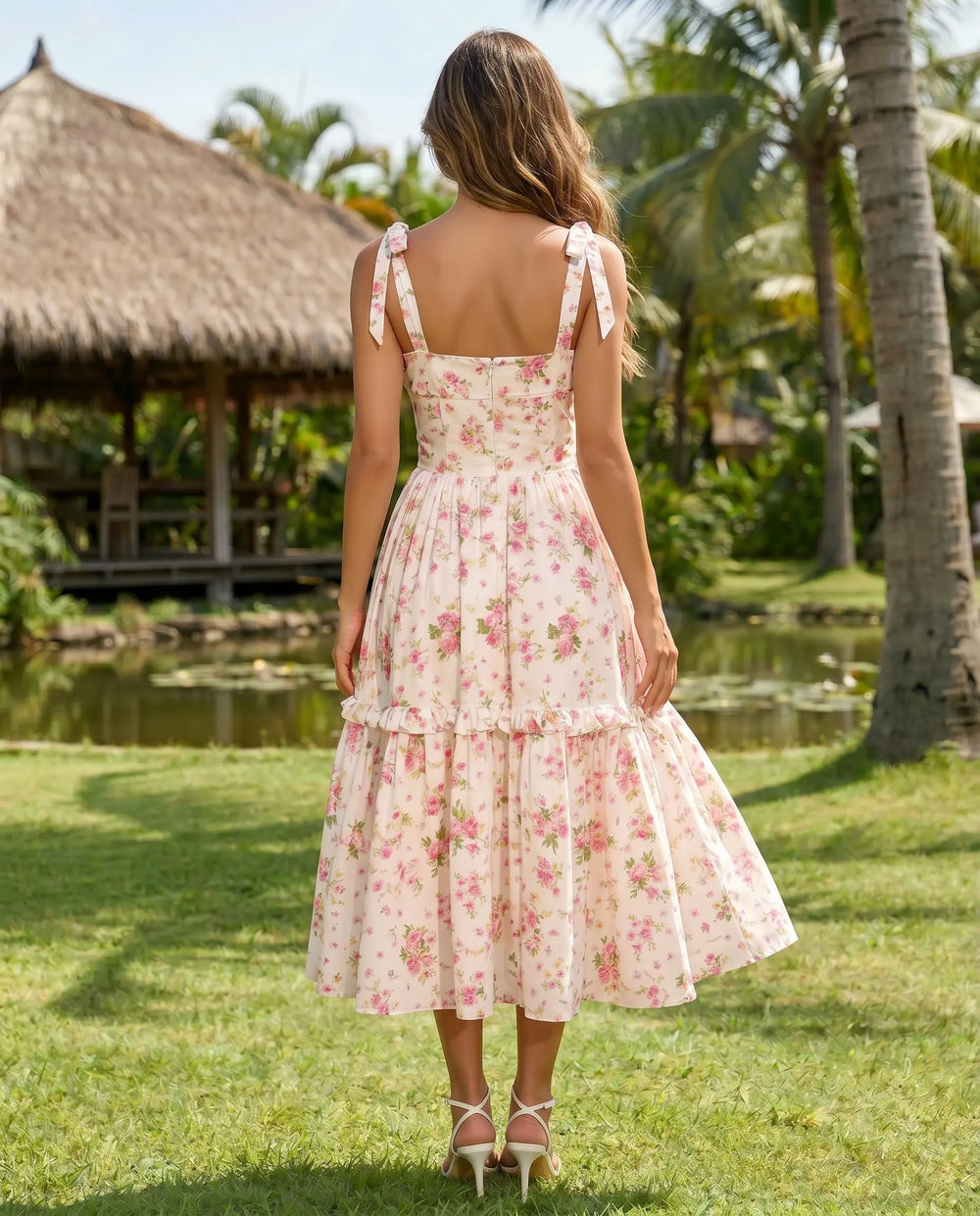 SOLACE  White Floral Print Tie Strap Tiered Midi Dress 