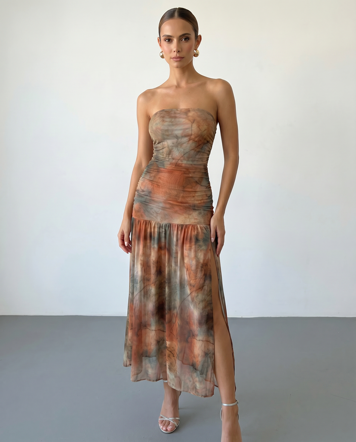 SOLACE  Earth Tone Print Ruched Sheer Mesh Slim Fit Midi Dress 