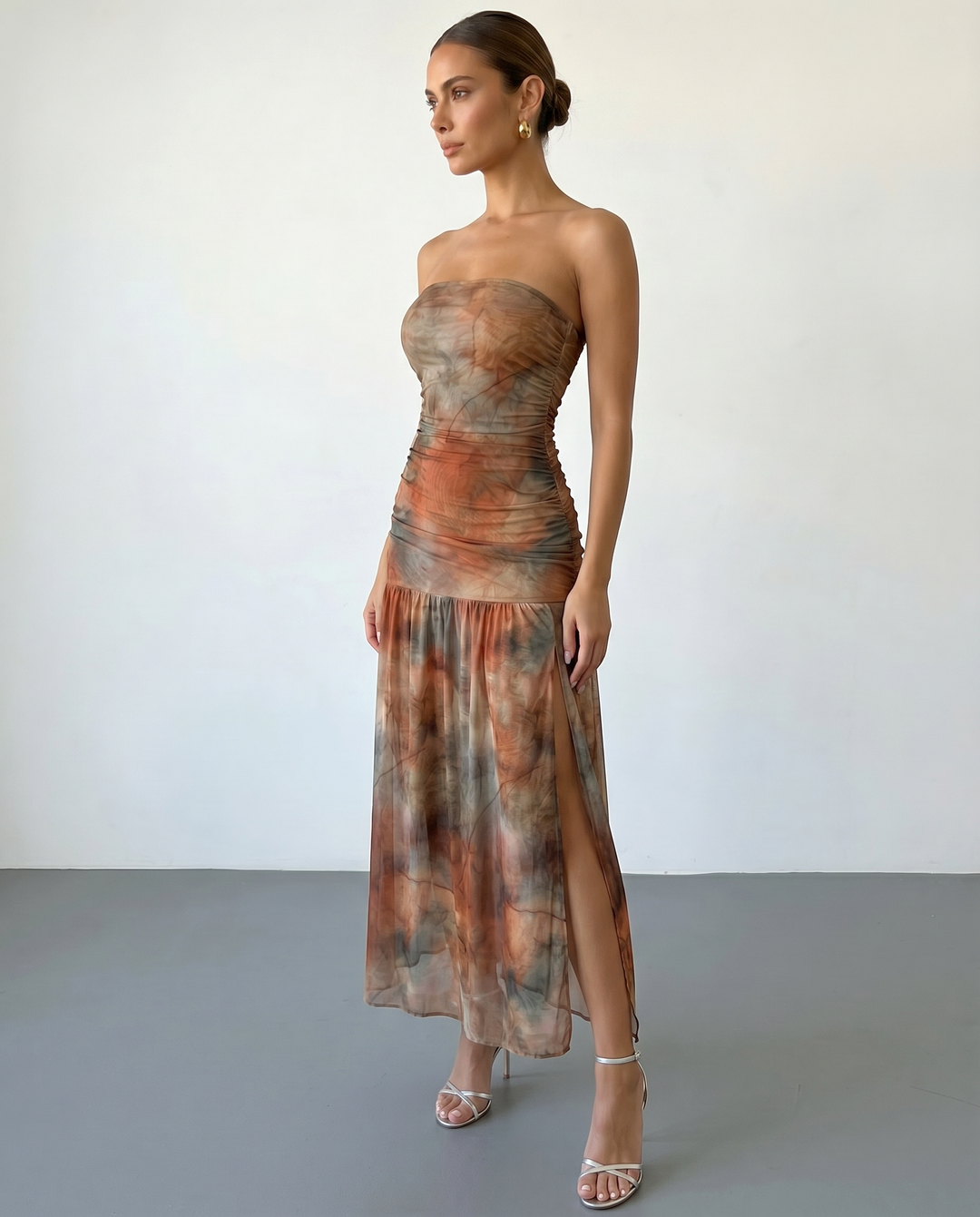 SOLACE  Earth Tone Print Ruched Sheer Mesh Slim Fit Midi Dress 