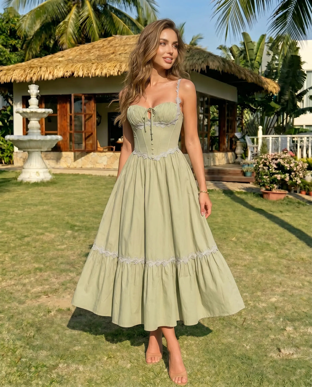 SOLACE  Green Lace Trim Corset Spaghetti Strap Midi Dress 