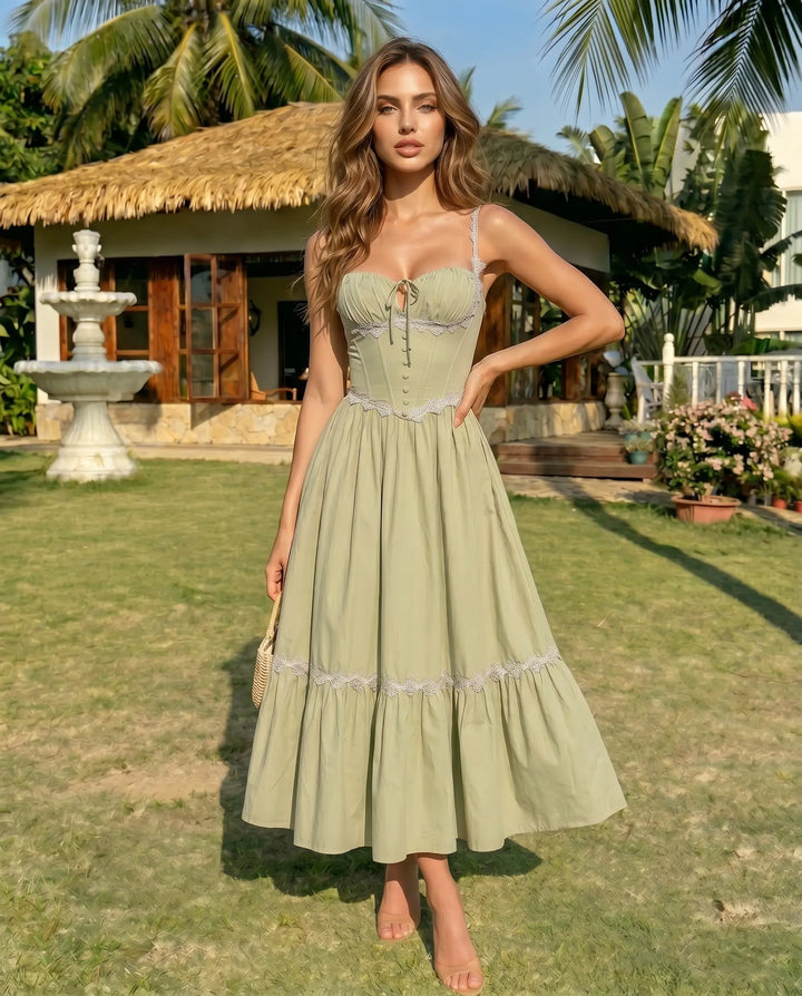 SOLACE  Green Lace Trim Corset Spaghetti Strap Midi Dress 
