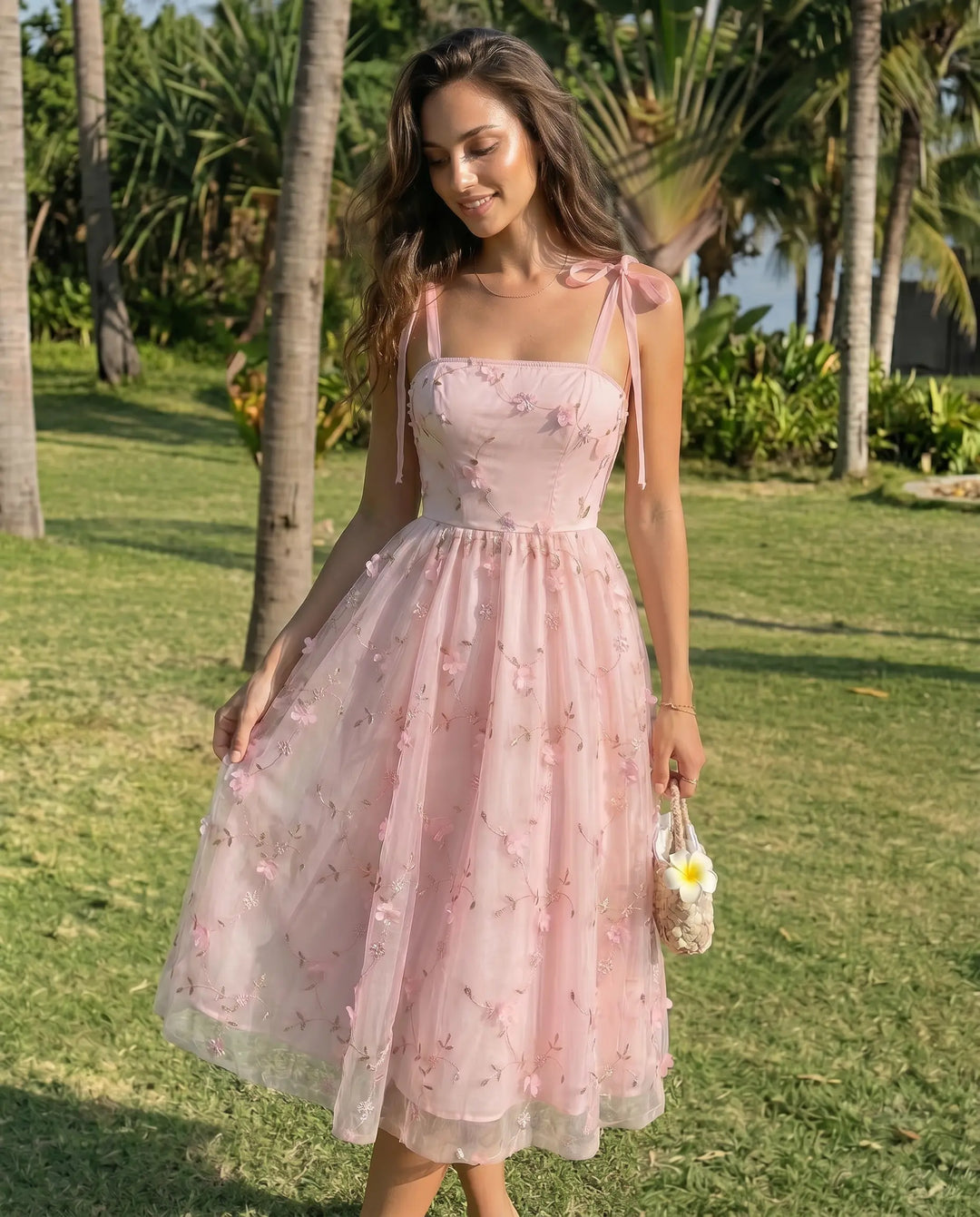 SOLACE  Pink Floral Embroidered Tulle Midi Dress 