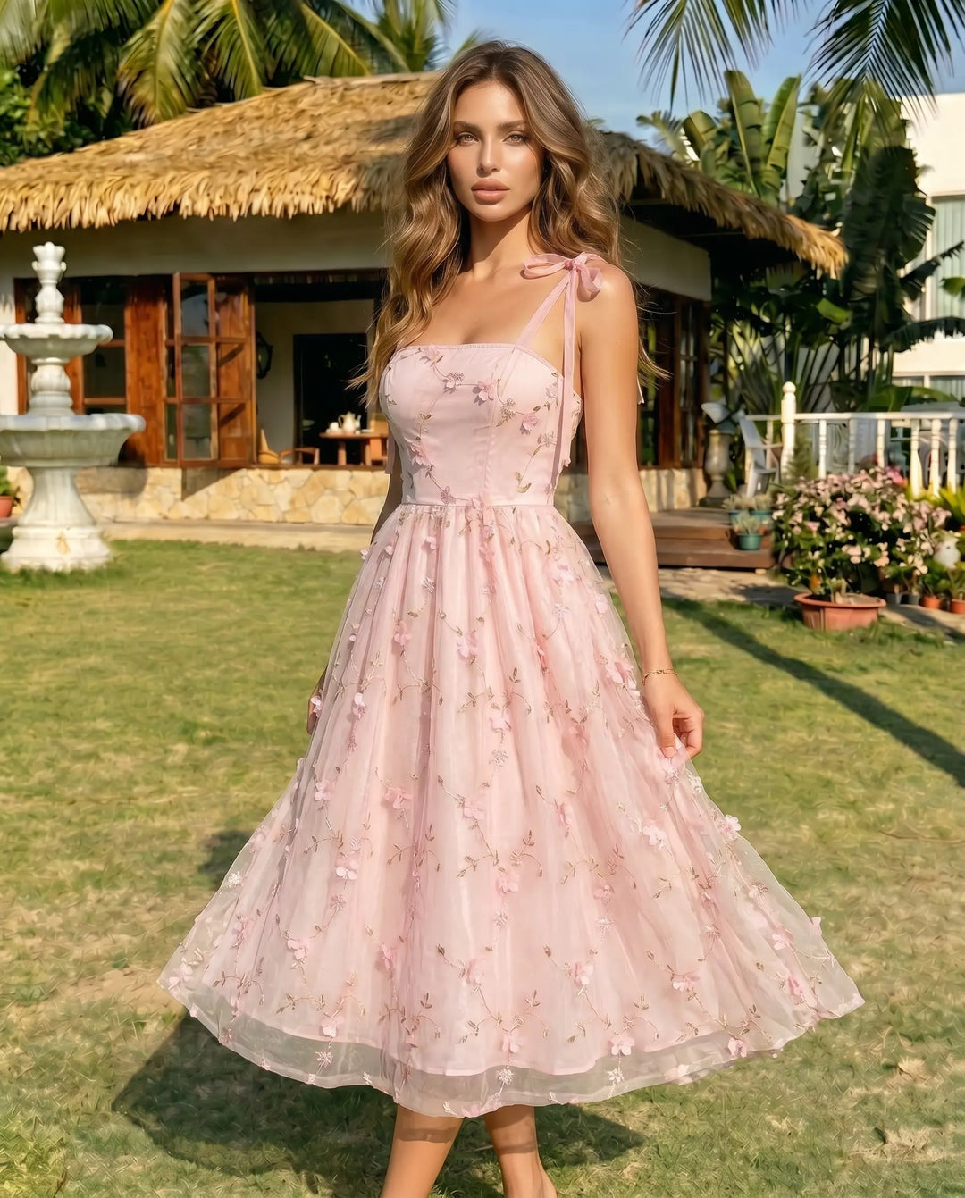 SOLACE  Pink Floral Embroidered Tulle Midi Dress 