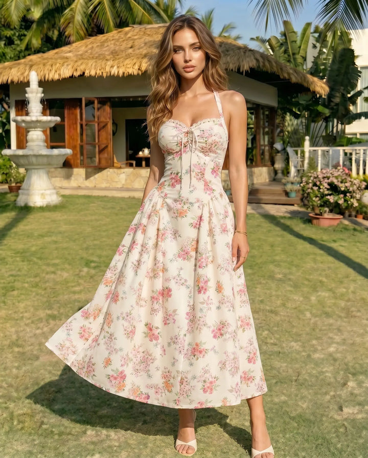 SOLACE  Cream Floral Halter Neck Lace Trim Midi Dress 
