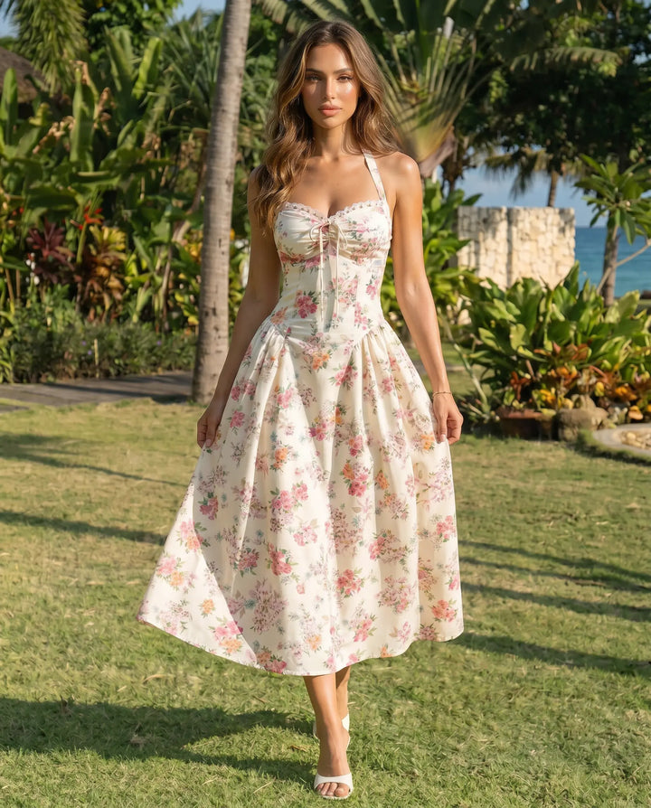 SOLACE  Cream Floral Halter Neck Lace Trim Midi Dress 