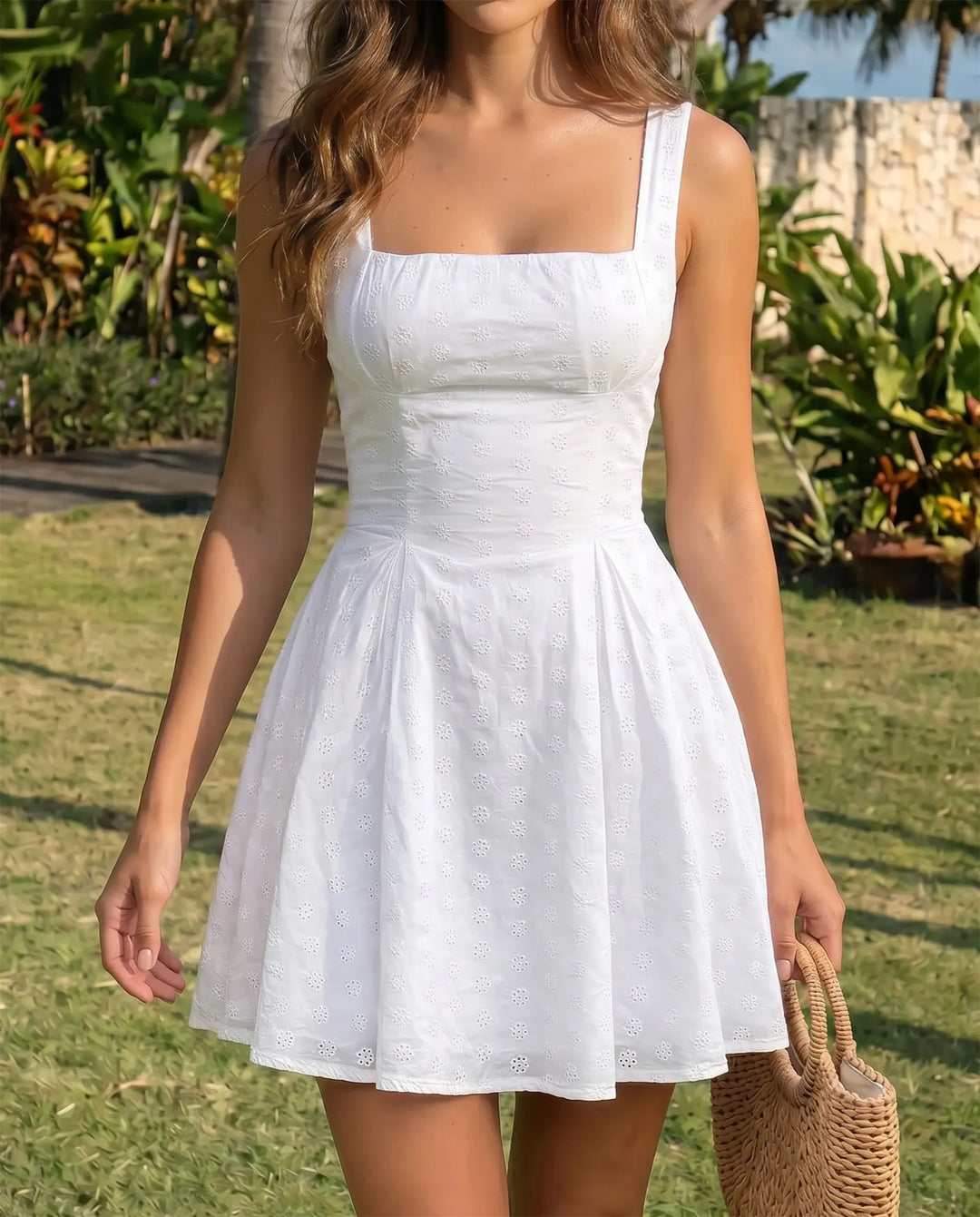 SOLACE Dress White Eyelet Embroidery Square Neck Fit Flare Vacation Mini Dress 