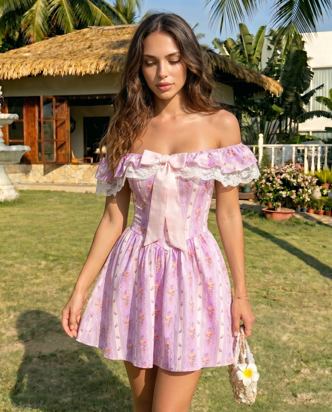 SOLACE  Pink Floral Print Off-Shoulder Lace Trim Bow Detail Mini Dress 