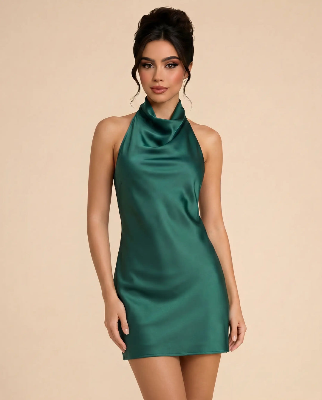 SOLACE  Dark Green Cowl Neck Satin Slim Fit Mini Dress 