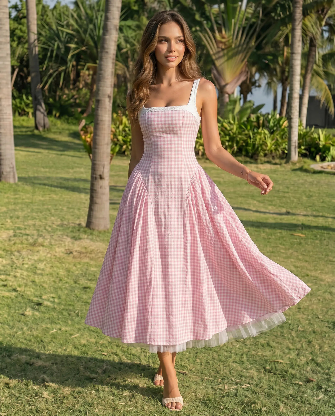 SOLACE  Pink Gingham Lace Trim Midi Dress 