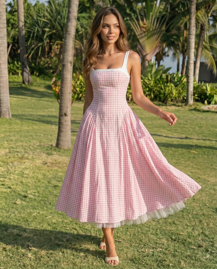 SOLACE  Pink Gingham Lace Trim Midi Dress 