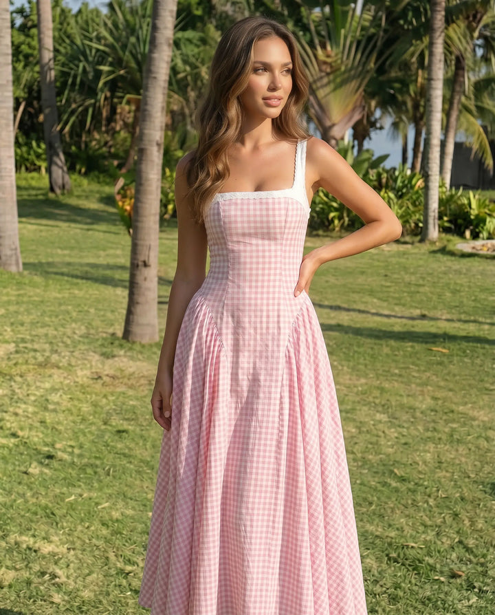 SOLACE  Pink Gingham Lace Trim Midi Dress 