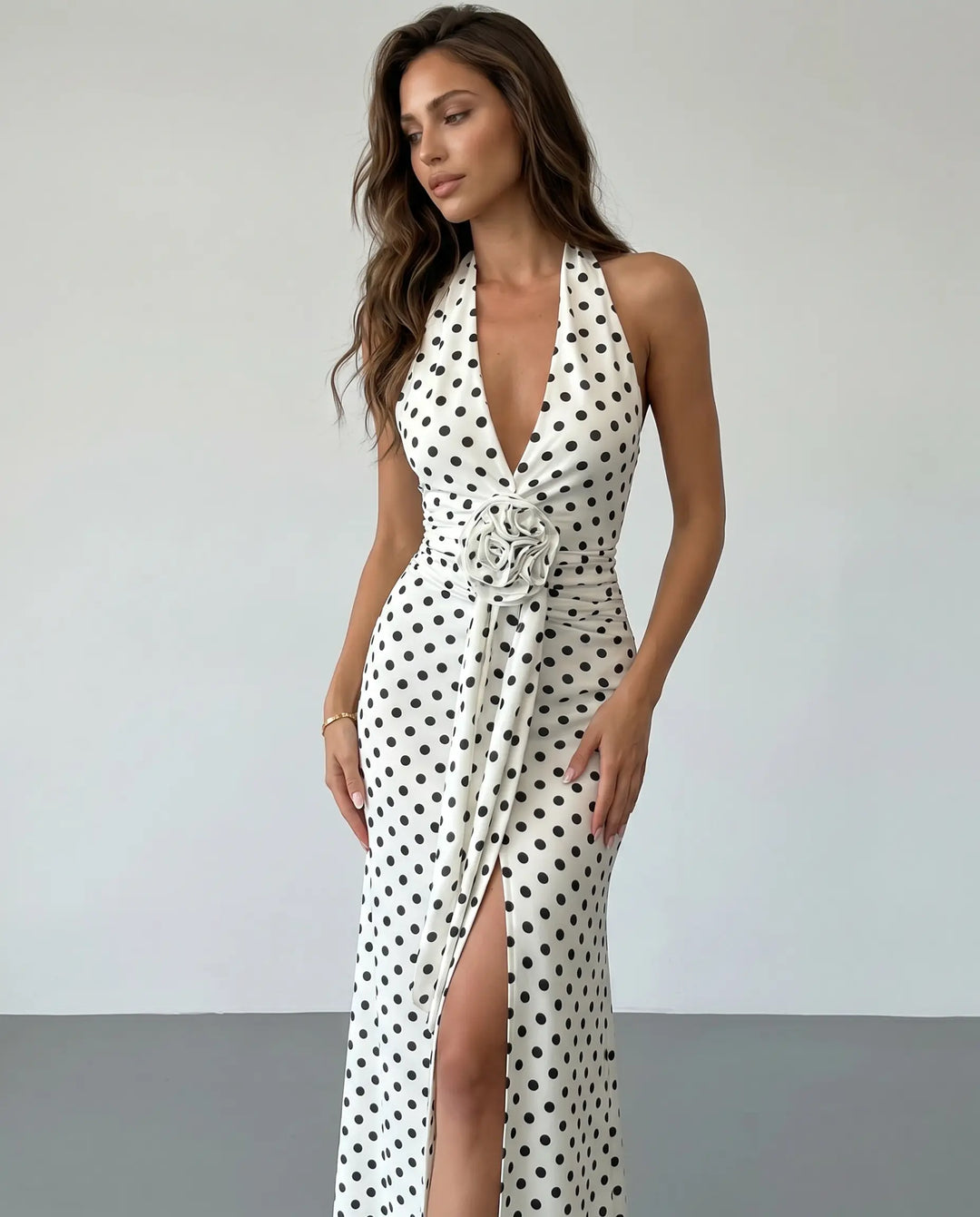 SOLACE  White Polka Dot Halter Neck High Slit Maxi Dress 